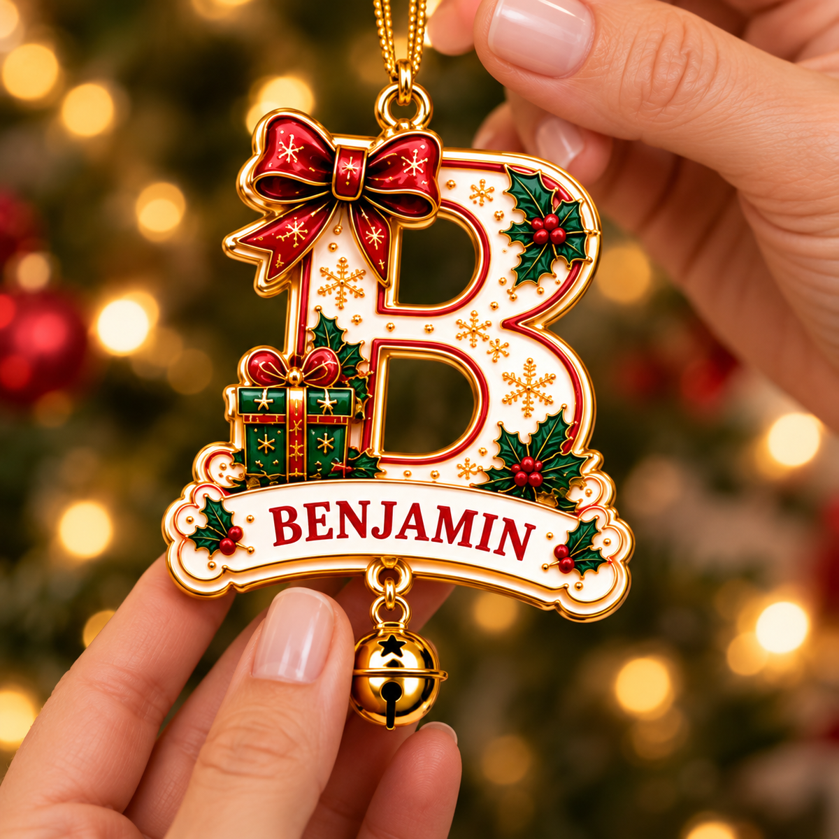 🎄 Personalized Christmas Initial Ornament with Name – Festive Bow & Gift Design