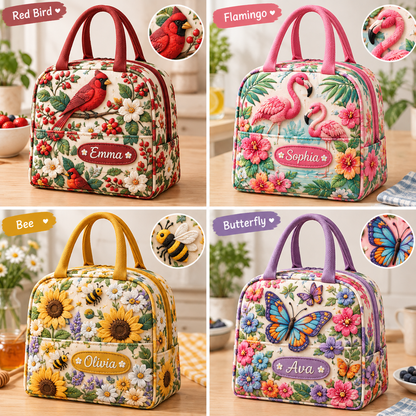 🥪Custom Name Insulated Lunch Bag 🦋 5 Floral Nature Tote Designs