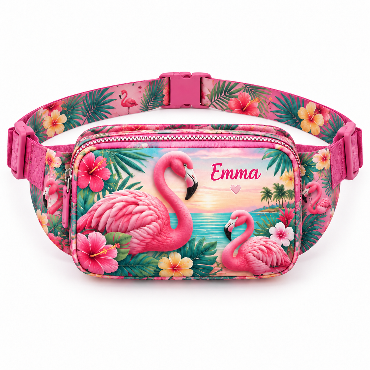 🦩Custom Name Flamingo Fanny Pack 🌴 Tropical Waist Bag for Travel & Sports