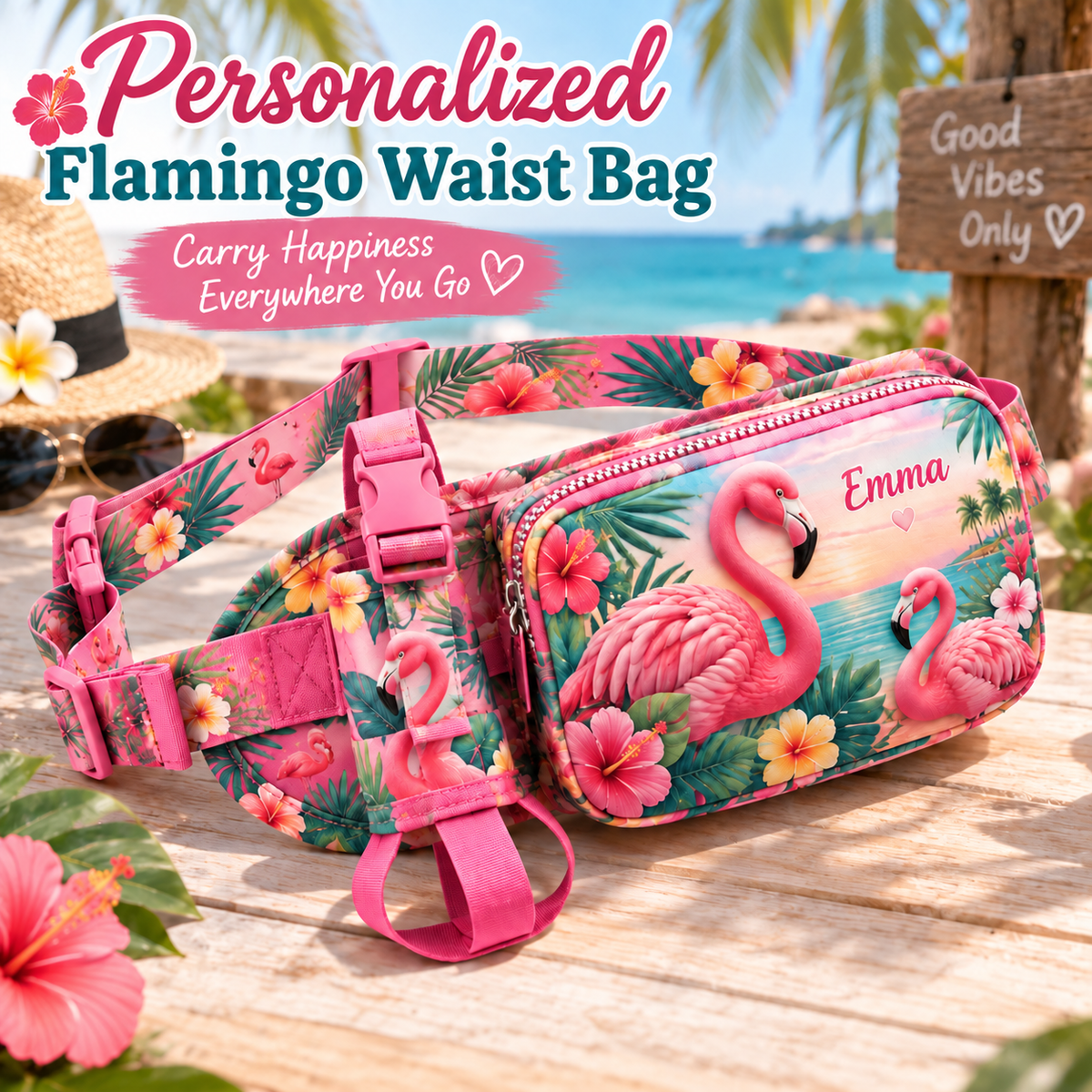 🦩Custom Name Flamingo Fanny Pack 🌴 Tropical Waist Bag for Travel & Sports