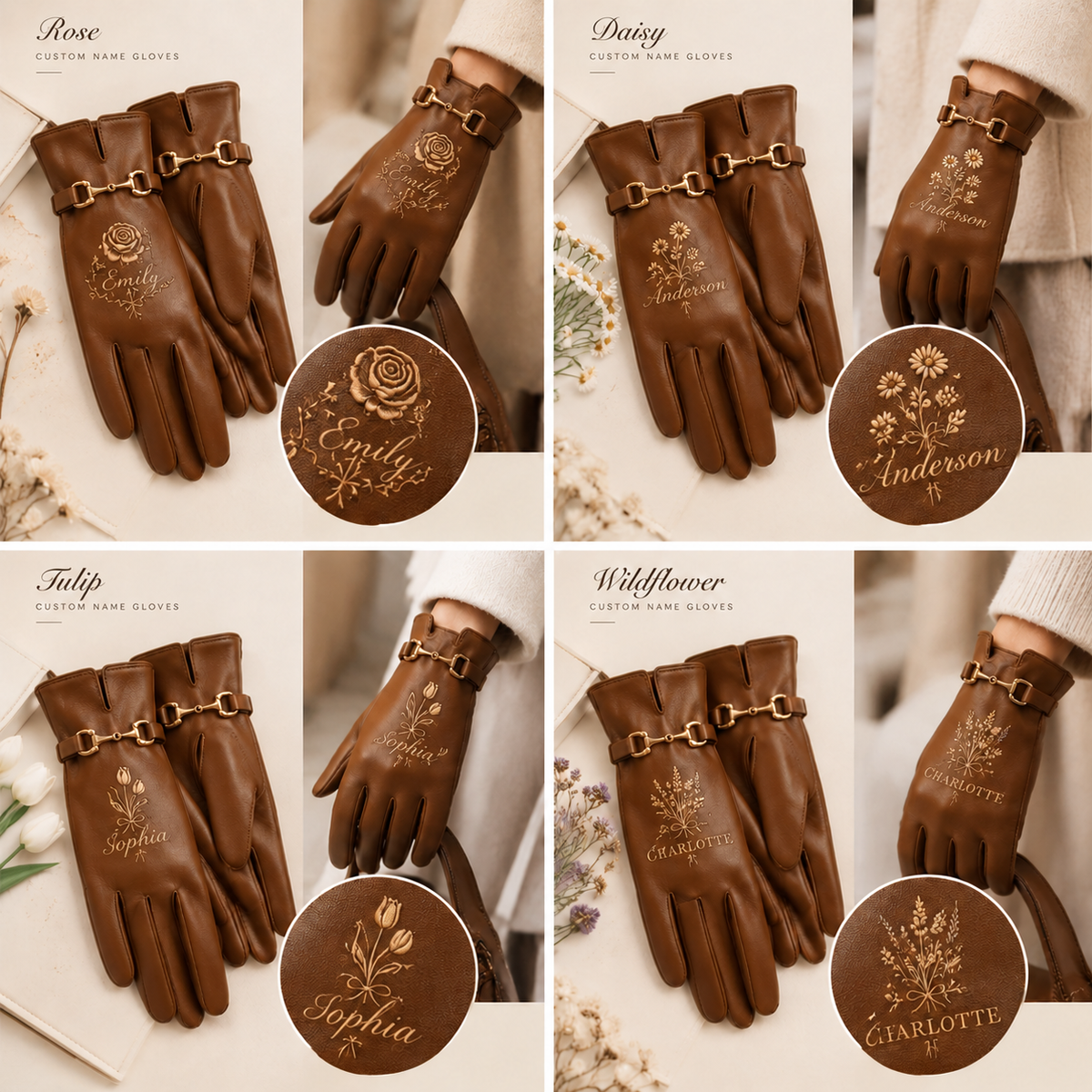 Personalized Floral Leather Gloves – Custom Name Rose, Daisy, Tulip & Wildflower Winter Gloves