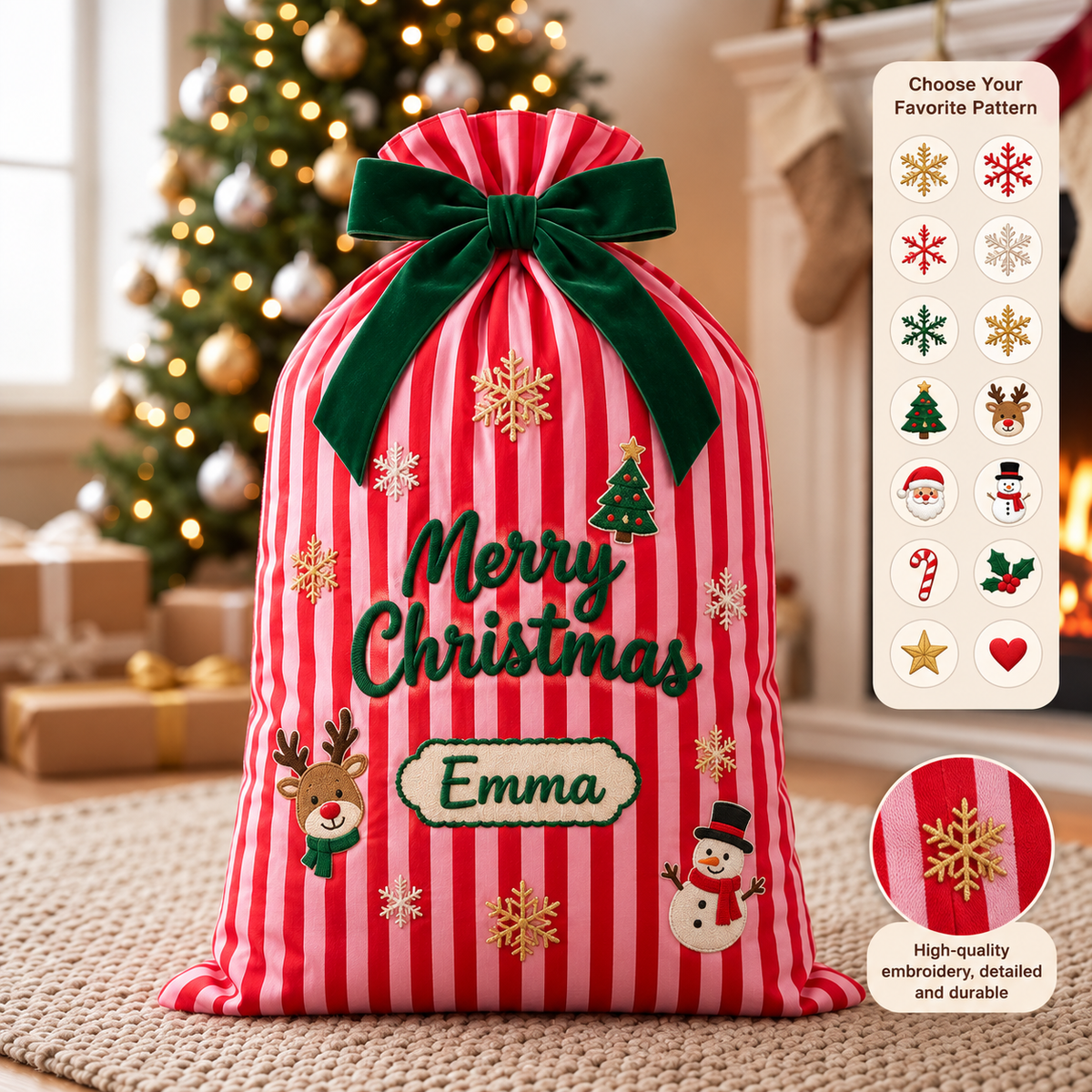 Personalized Striped Christmas Gift Sack, Custom Embroidered Name Santa Bag