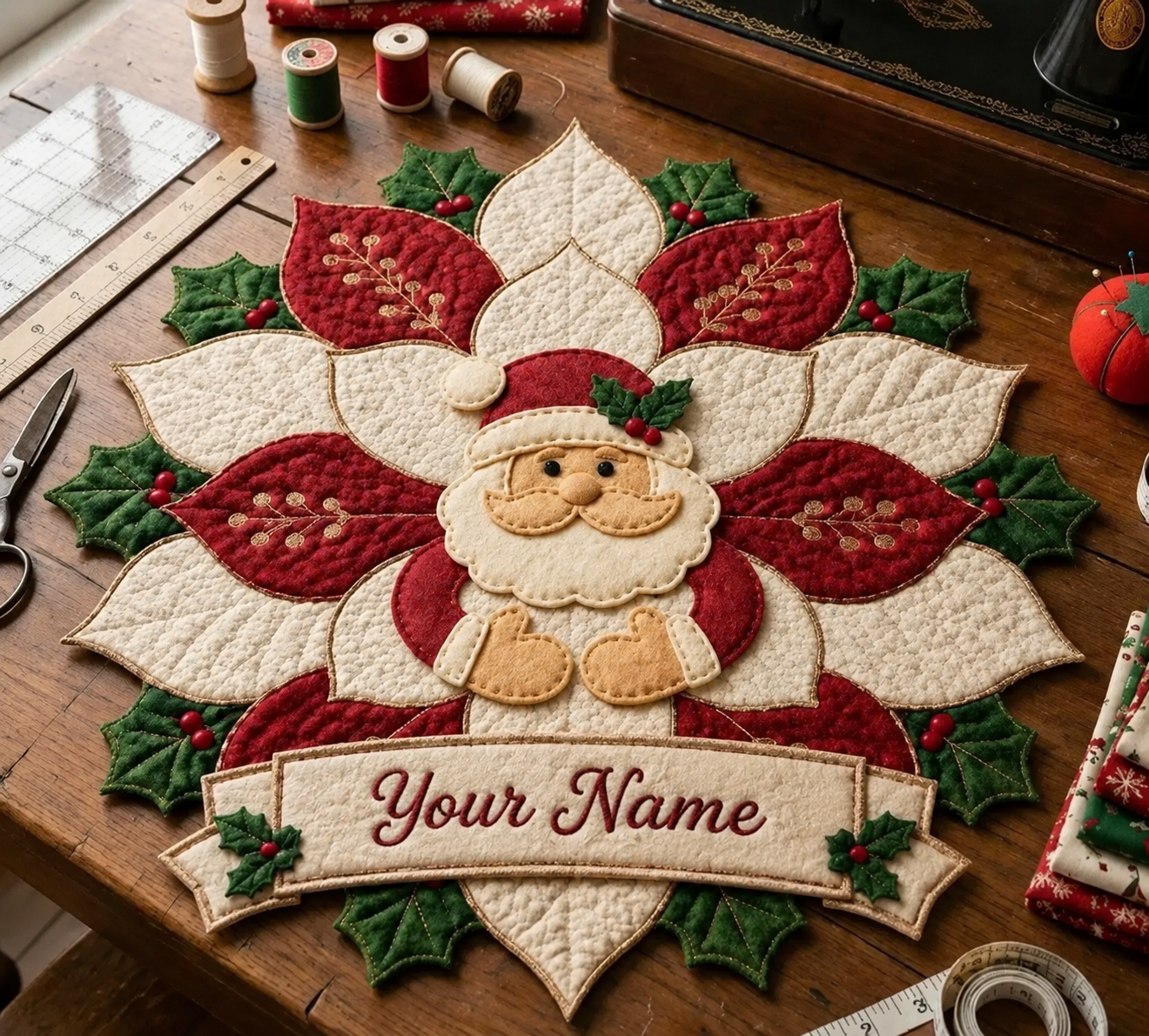 🎅 Christmas Santa Poinsettia Quilted Table Runner | Handmade Holiday Home Decor