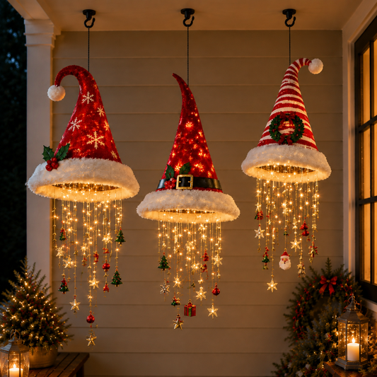 🎅 Lighted Santa Hat Hanging Chandelier 🎄 | 5 Styles Warm LED Christmas String Light | Indoor Outdoor Porch Holiday Decor Gift