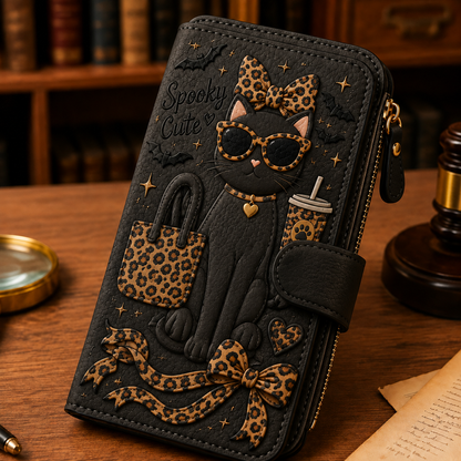 👛Cute Embossed PU Leather Long Wallet 🎀 Ghost / Black Cat / Swan / Bunny 4 Styles Zipper Clutch Purse Card Holder Gift for Women