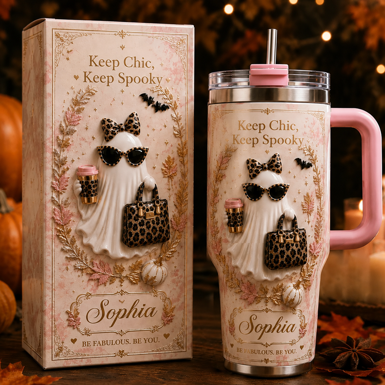 👻 Personalized Vintage Halloween Ghost Insulated Tumbler With Handle, Custom Name Spooky Gift
