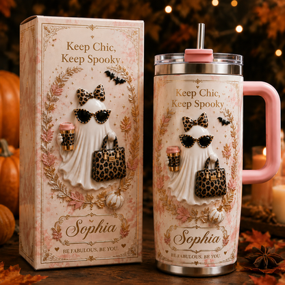 👻 Personalized Vintage Halloween Ghost Insulated Tumbler With Handle, Custom Name Spooky Gift