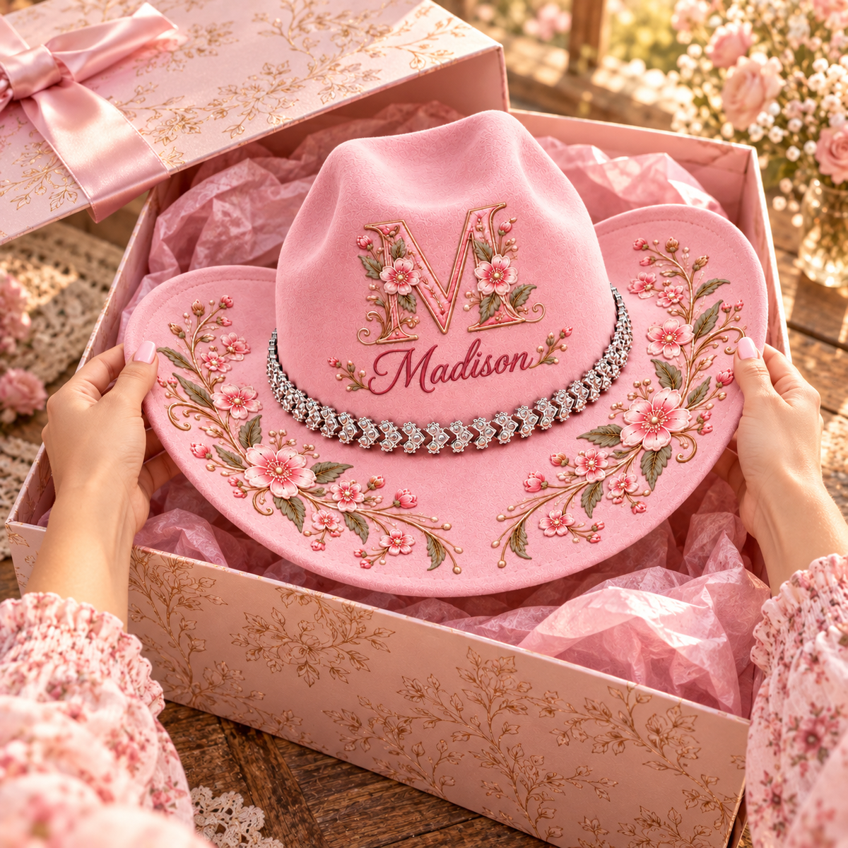 Personalized Pink Floral Cowgirl Hat – Custom Initial & Name with Sparkling Rhinestone Chain