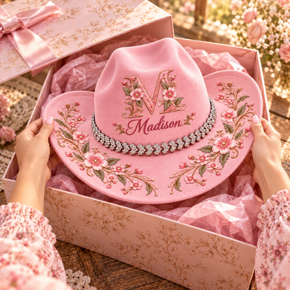 Personalized Pink Floral Cowgirl Hat – Custom Initial & Name with Sparkling Rhinestone Chain