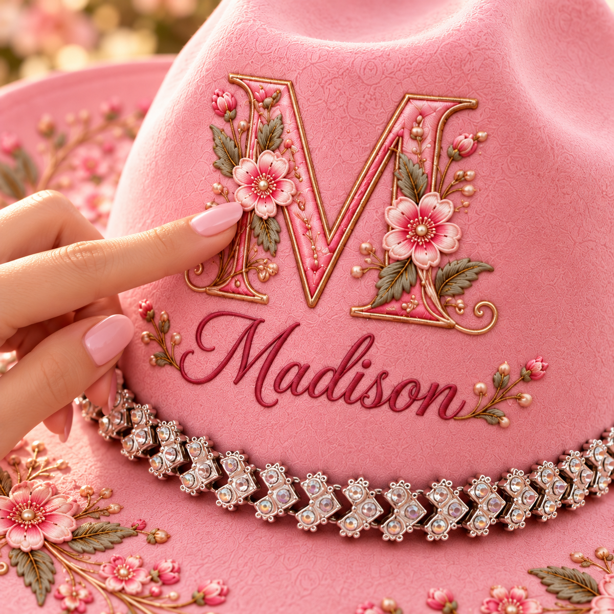 Personalized Pink Floral Cowgirl Hat – Custom Initial & Name with Sparkling Rhinestone Chain