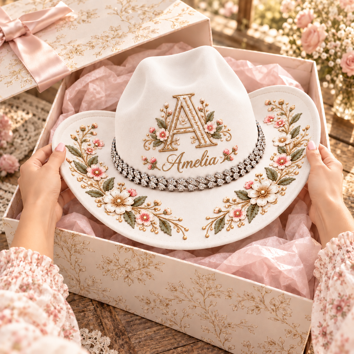 Personalized Floral Horse Cowboy Hat – Custom Name & Rhinestone Band 🐎🌸
