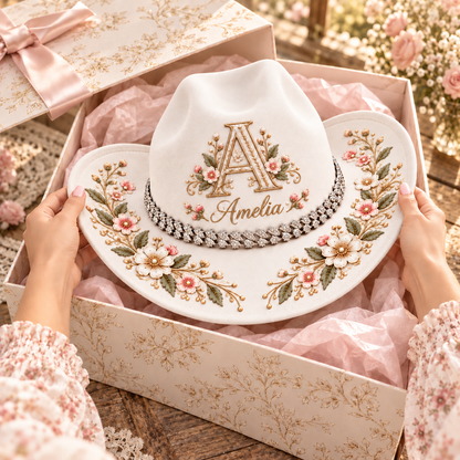 Personalized Floral Horse Cowboy Hat – Custom Name & Rhinestone Band 🐎🌸