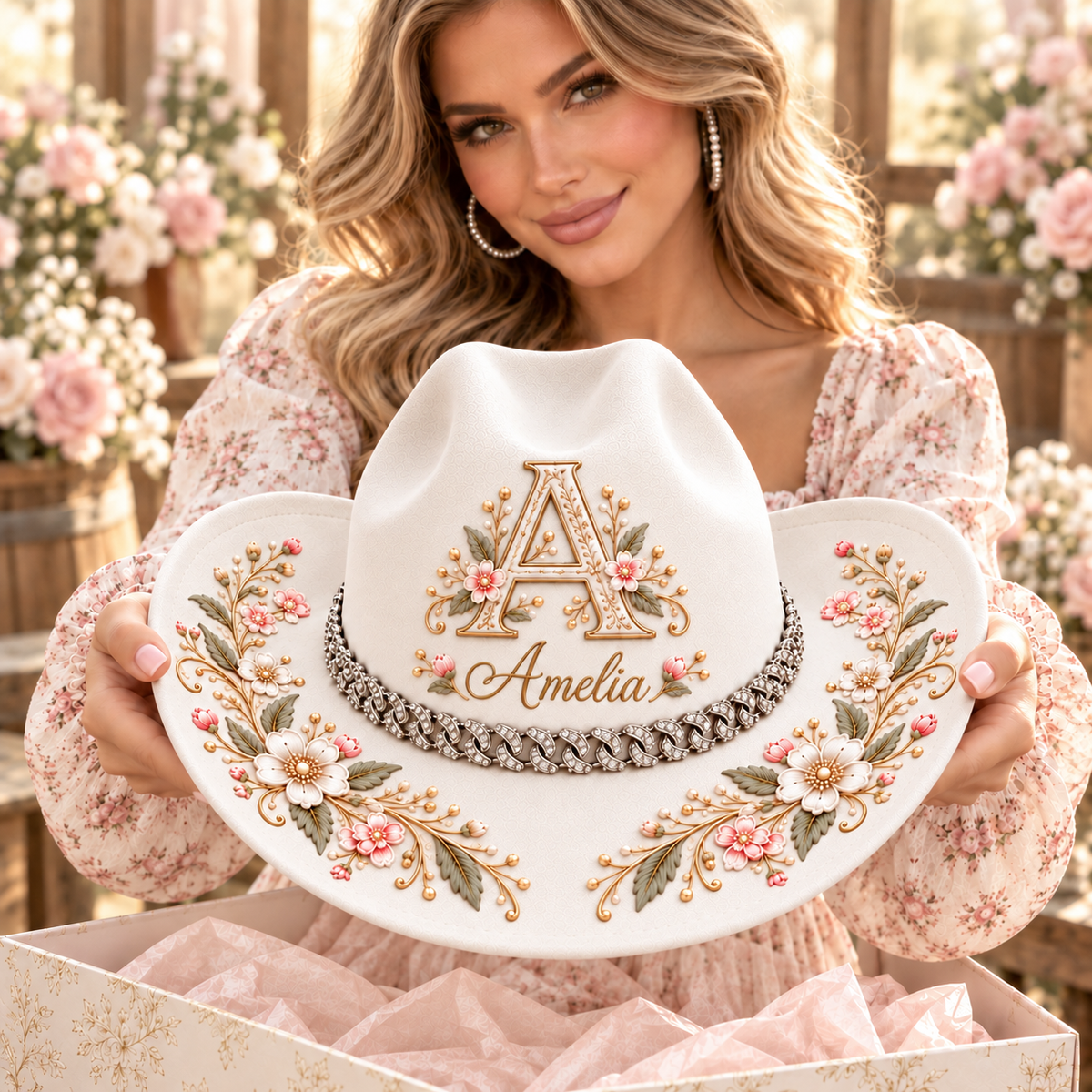 Personalized Floral Horse Cowboy Hat – Custom Name & Rhinestone Band 🐎🌸