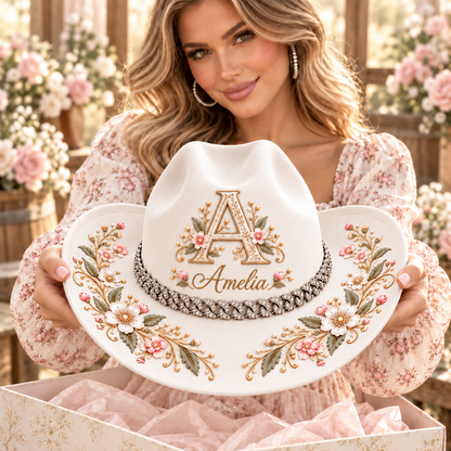 Personalized Floral Horse Cowboy Hat – Custom Name & Rhinestone Band 🐎🌸