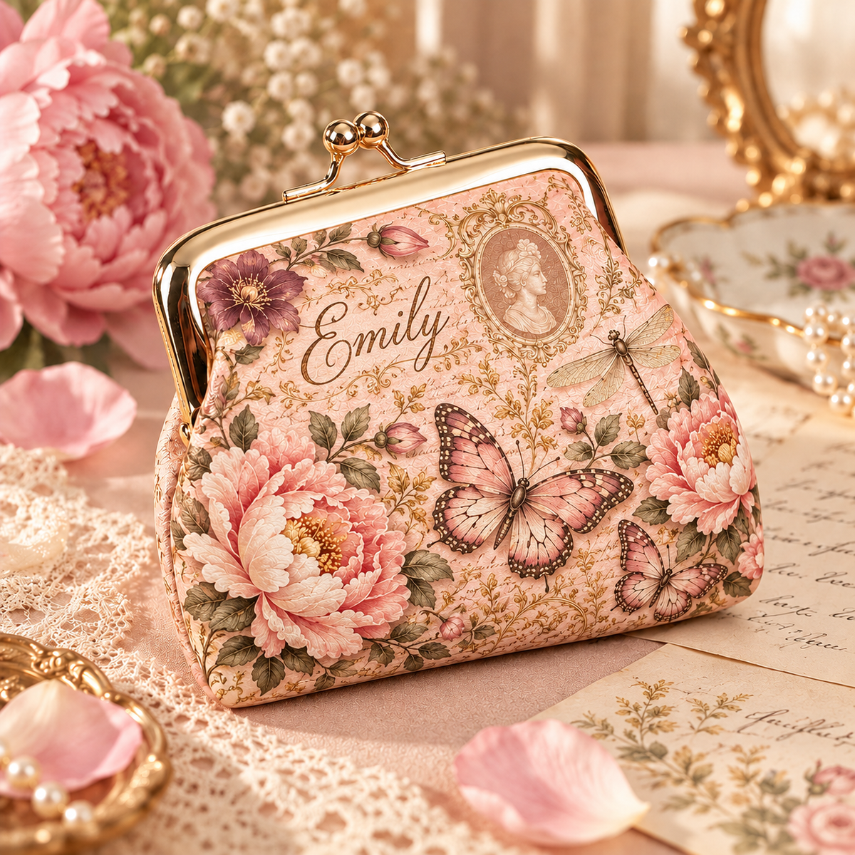 🌸 Personalized Vintage Floral Kiss Lock Coin Purse – Custom Name | 5 Styles