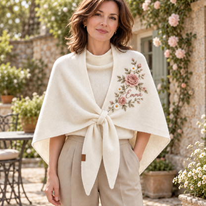 🌸 Personalized Floral Shawl – Custom Ivory Shoulder Wrap