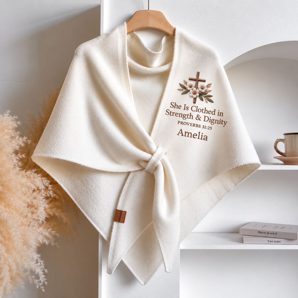 Personalized Bible Verse Floral Cross Cozy Shawl – Custom Name Faith-Inspired Wrap