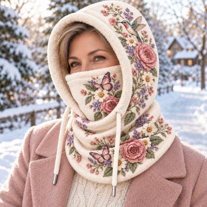 🌸 Women’s Floral 3-in-1 Winter Hood – Fleece-Lined Hat, Face Cover & Neck Warmer