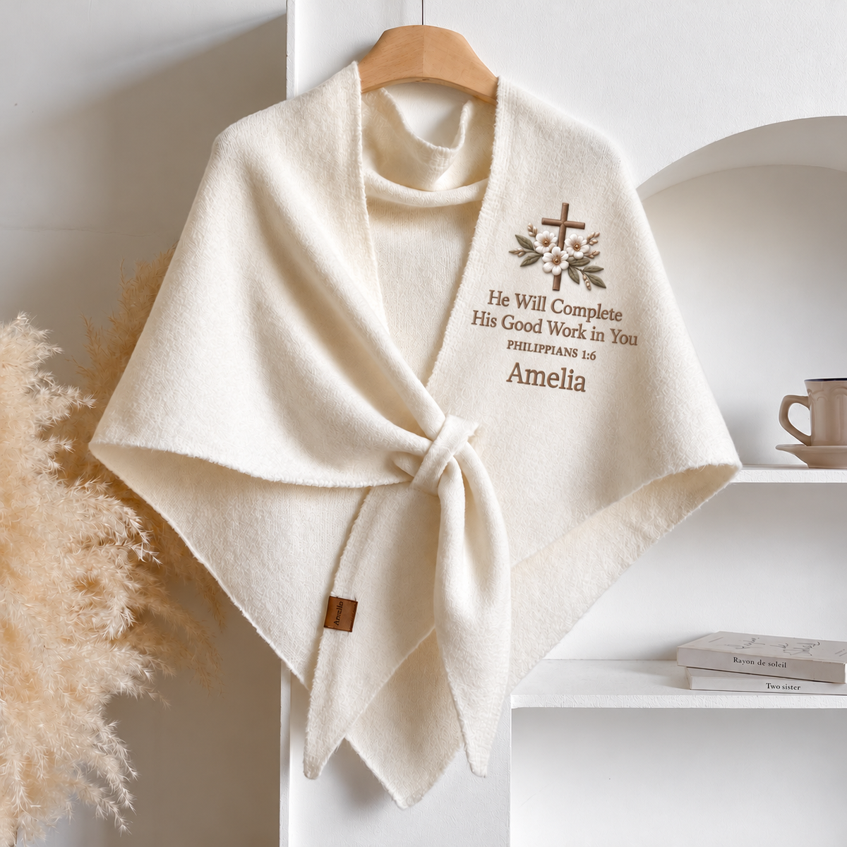 Personalized Bible Verse Floral Cross Cozy Shawl – Custom Name Faith-Inspired Wrap