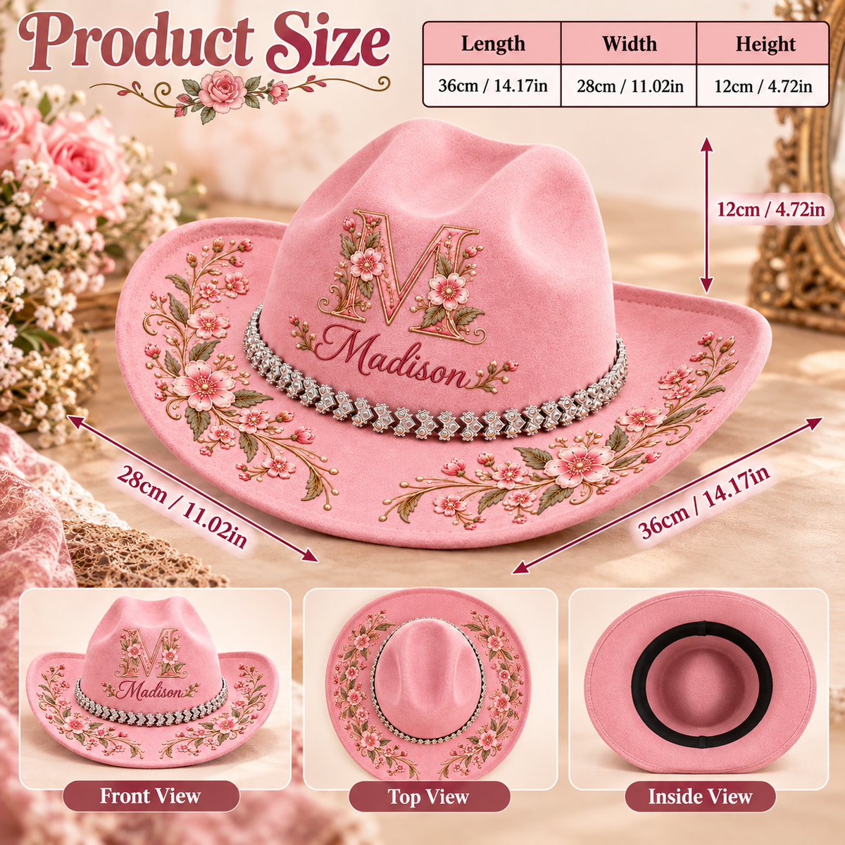 Personalized Pink Floral Cowgirl Hat – Custom Initial & Name with Sparkling Rhinestone Chain