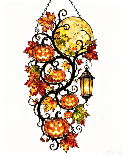 Halloween Pumpkin Moon Stained Glass Window Hanging