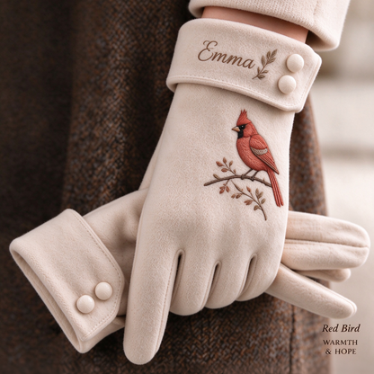 Personalized Nature Embroidered Winter Gloves – Custom Name Flamingo, Hummingbird, Butterfly & Red Bird Gloves