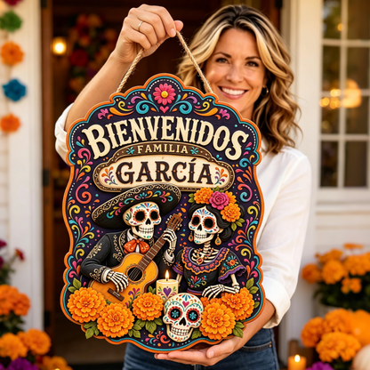 Personalized Dia De Los Muertos Familia Name Hanging Sign