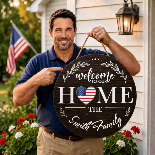 Personalized Round Wooden Welcome Home Sign 🌿
