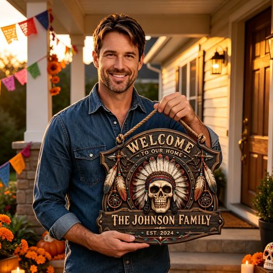 Custom Native American Skull Family Welcome Sign