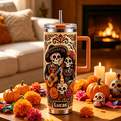 💀 Personalized Día de los Muertos Sugar Skull Couple 40oz Handle Tumbler 🌺🎸
