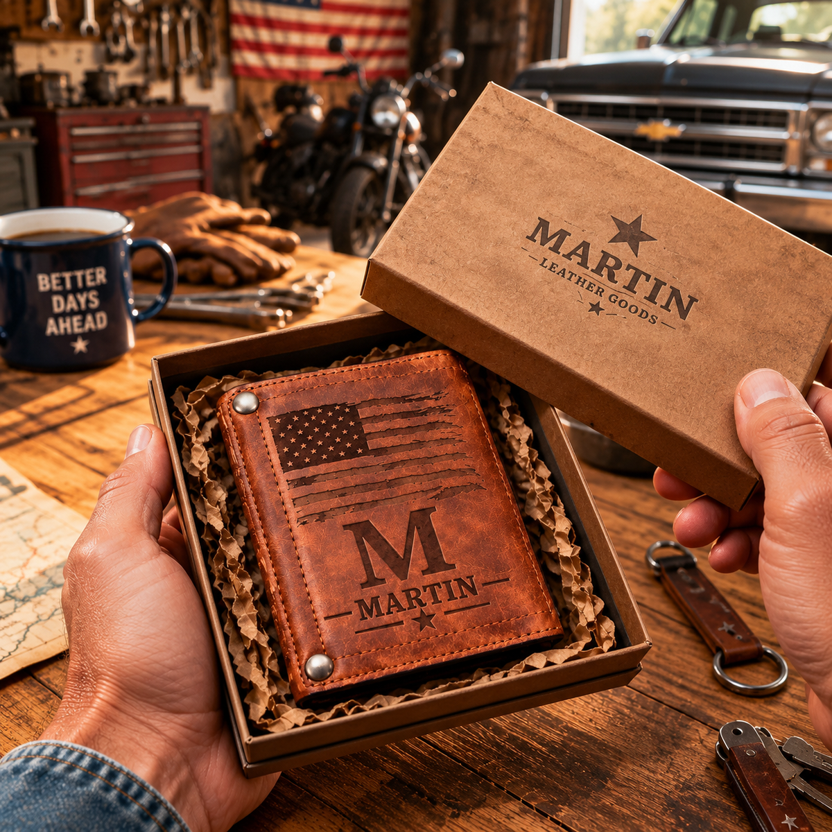 Personalized American Flag Leather Wallett – Custom Initial & Name