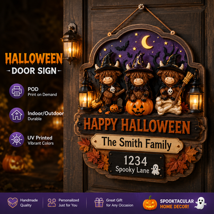 Personalized Highland Cow Halloween Door Sign