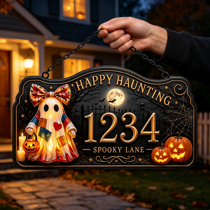 Patchwork Ghost Halloween Custom House Number Sign