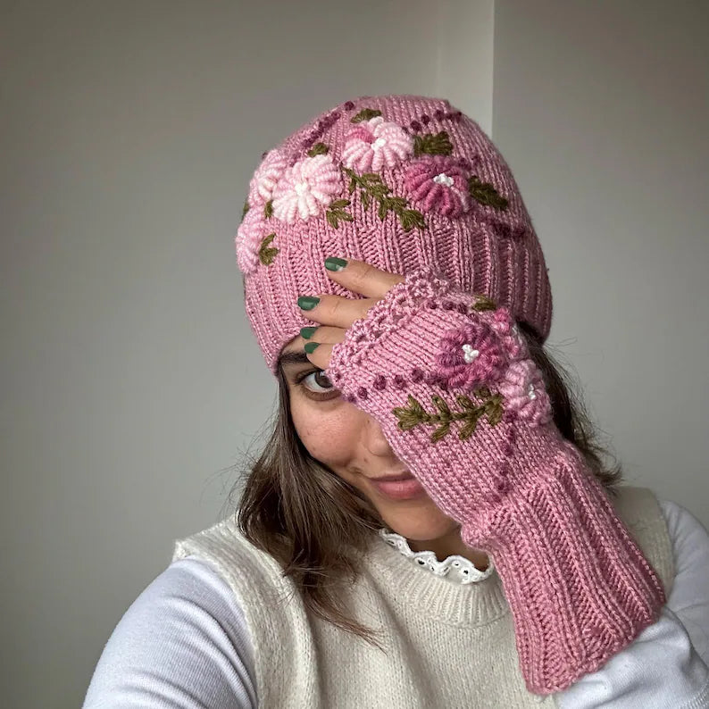 Handmade Knit Set,Embroidered Floral Hat, Gloves & Scarf