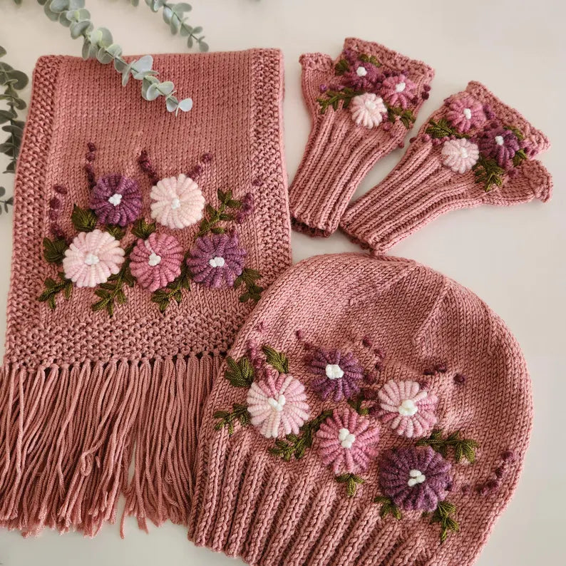 Handmade Knit Set,Embroidered Floral Hat, Gloves & Scarf