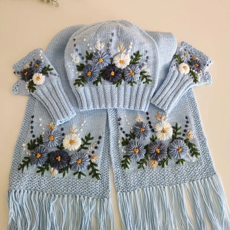 Handmade Knit Set,Embroidered Floral Hat, Gloves & Scarf