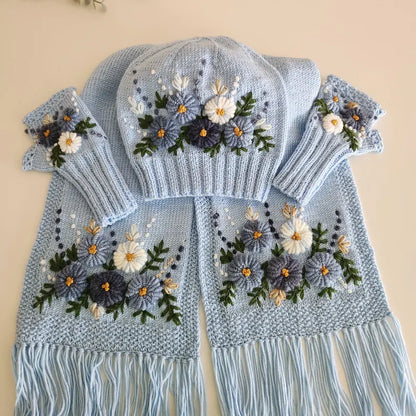Handmade Knit Set,Embroidered Floral Hat, Gloves & Scarf