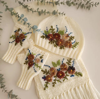 Handmade Knit Set,Embroidered Floral Hat, Gloves & Scarf
