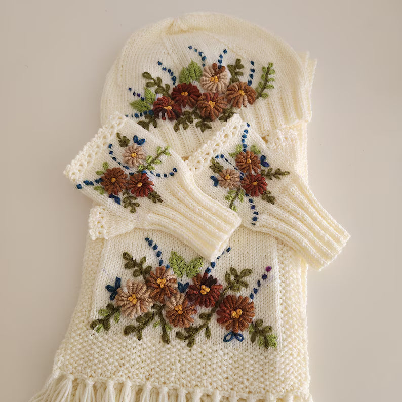 Handmade Knit Set,Embroidered Floral Hat, Gloves & Scarf