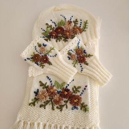 Handmade Knit Set,Embroidered Floral Hat, Gloves & Scarf