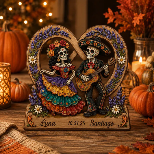 💀Personalized Day of the Dead Couple Wooden Figurine 🎁 Custom Names & Date Sugar Skull Skeleton Couple Tabletop Decor Gift for Anniversary