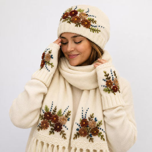 Handmade Knit Set,Embroidered Floral Hat, Gloves & Scarf