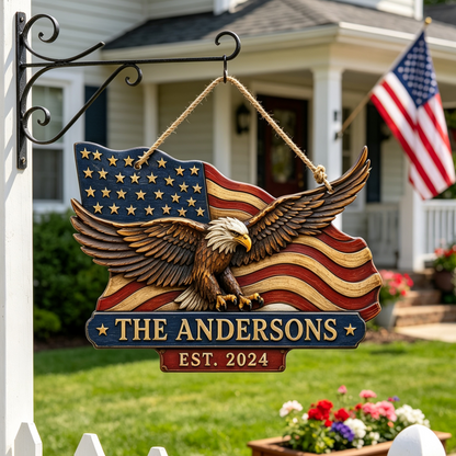 Custom American Flag Bald Eagle Family Name Sign