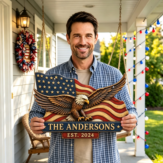 Custom American Flag Bald Eagle Family Name Sign