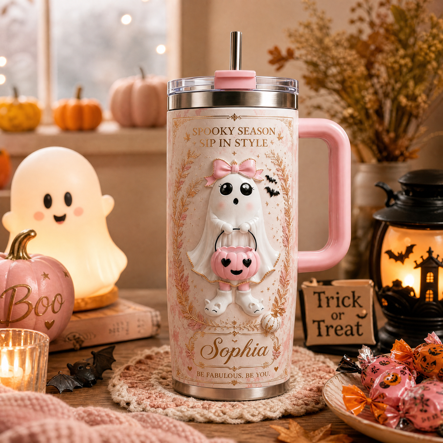 👻 Custom Name Pink Ghost Halloween Tumbler 🎀 | 40oz Insulated Stainless Steel Cup with Handle & Straw | Spooky Chic Fall Gift for Her