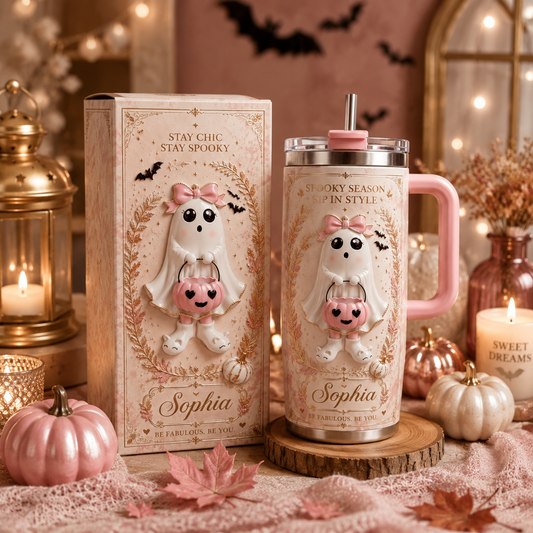 👻 Custom Name Pink Ghost Halloween Tumbler 🎀 | 40oz Insulated Stainless Steel Cup with Handle & Straw | Spooky Chic Fall Gift for Her