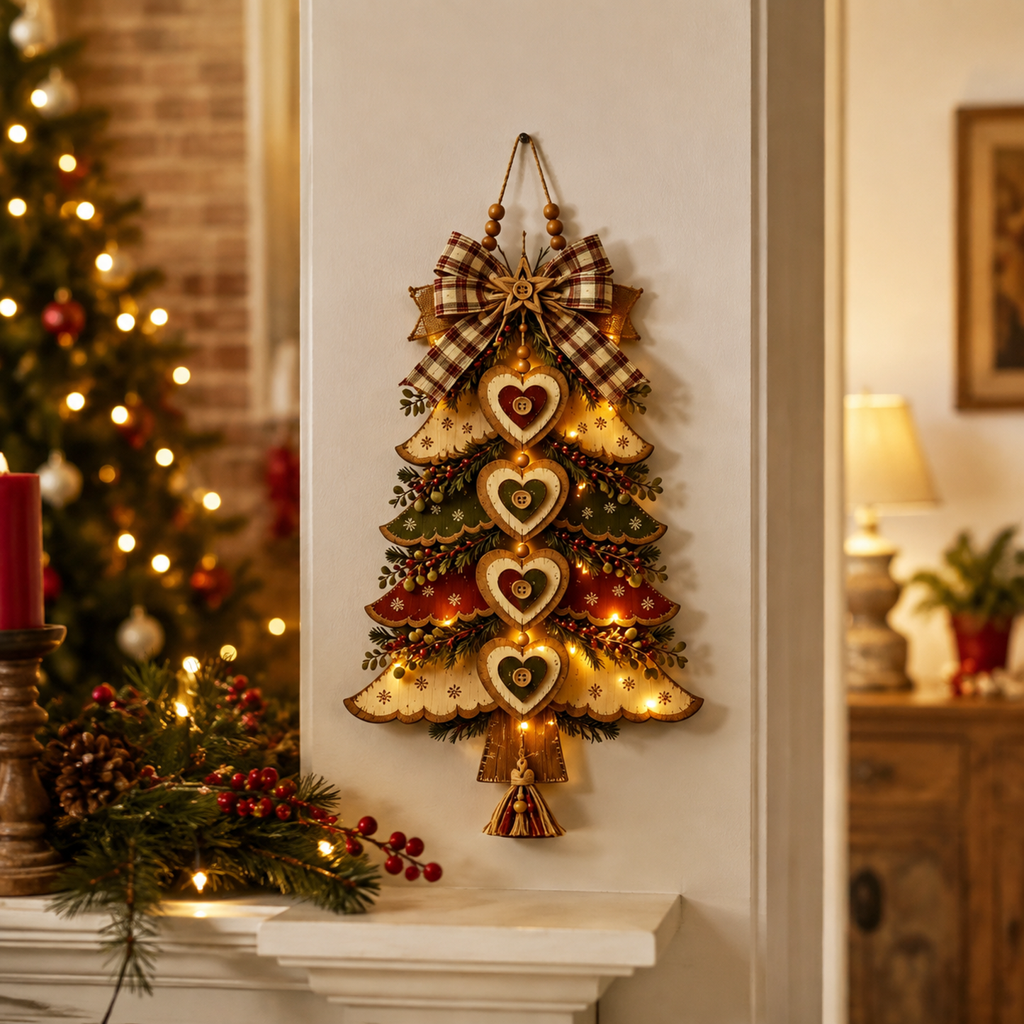 🎄Rustic Wooden Christmas Tree Wall Hanging Ornament 🎀 | Light‑Up & Non‑Light Versions Farmhouse Xmas Door Hanger with Plaid Bow & Heart Decor