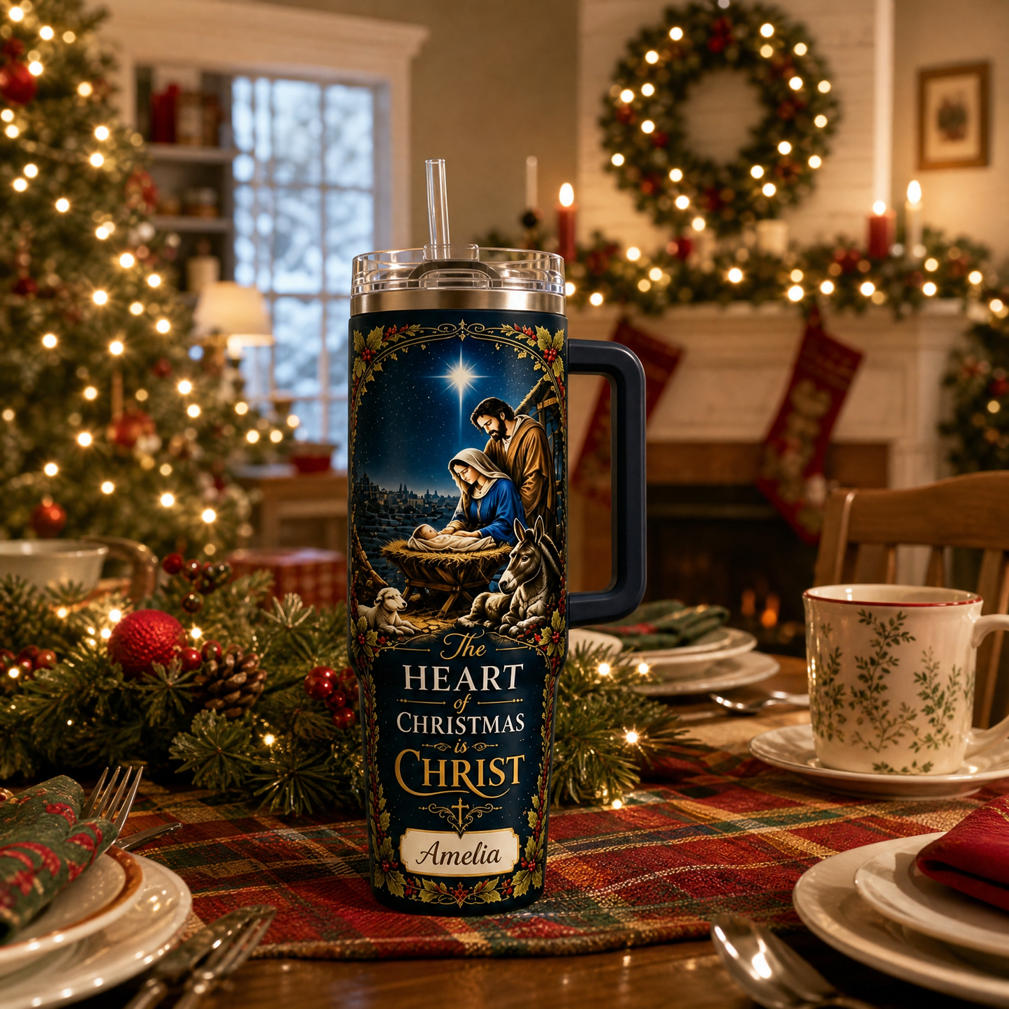 ✝️ Personalized Nativity Scene Christmas Insulated Tumbler With Handle