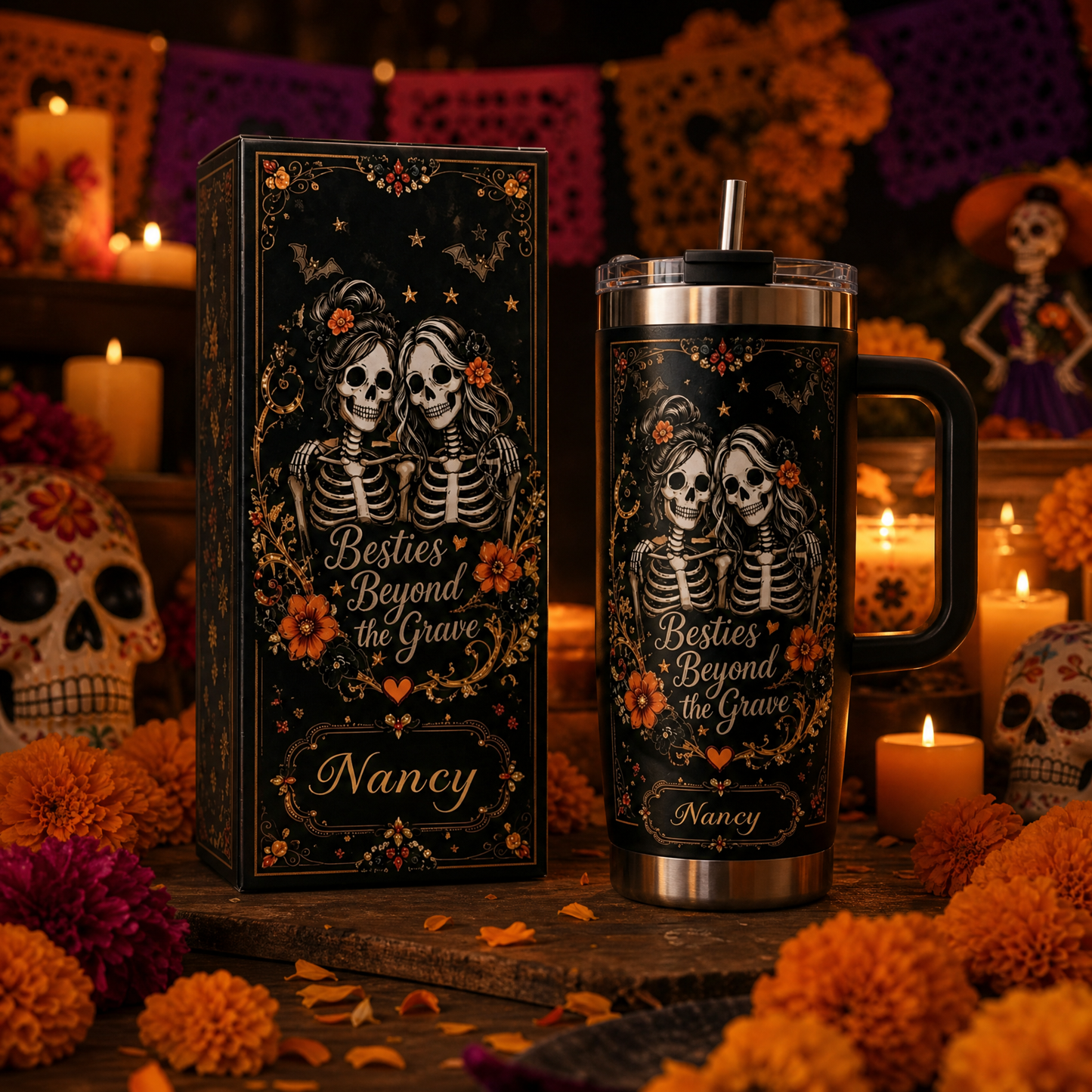 💀Custom Name Skeleton Besties Tumbler | Gothic Day of The Dead Insulated Mug