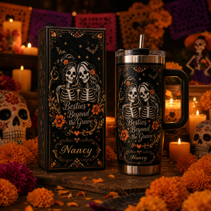 💀Custom Name Skeleton Besties Tumbler | Gothic Day of The Dead Insulated Mug
